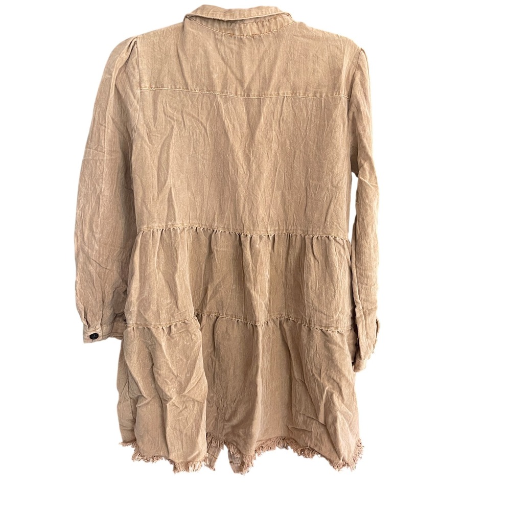 Umgee Tan Mineral Wash Western Boho Tiered Button Down Dress Raw Hem Small - Picture 4 of 9
